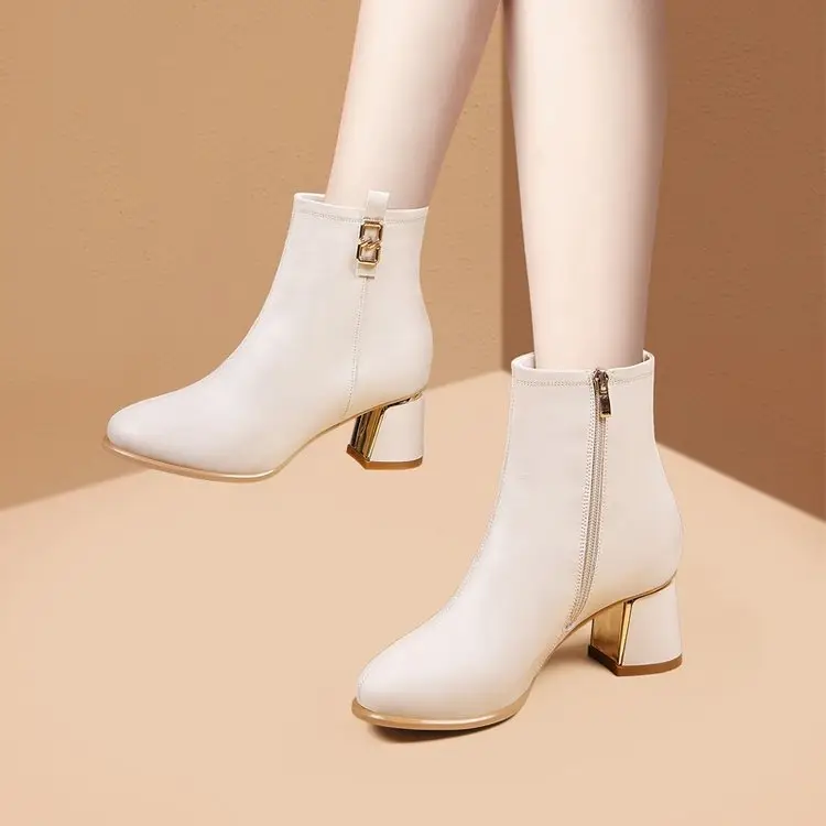 Women's White Leather Ankle Boots with High Heel Zipper Closure - Image 4