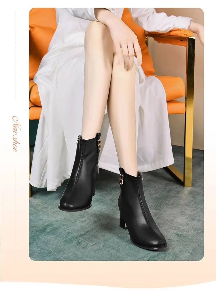 Women's White Leather Ankle Boots with High Heel Zipper Closure — feature 1