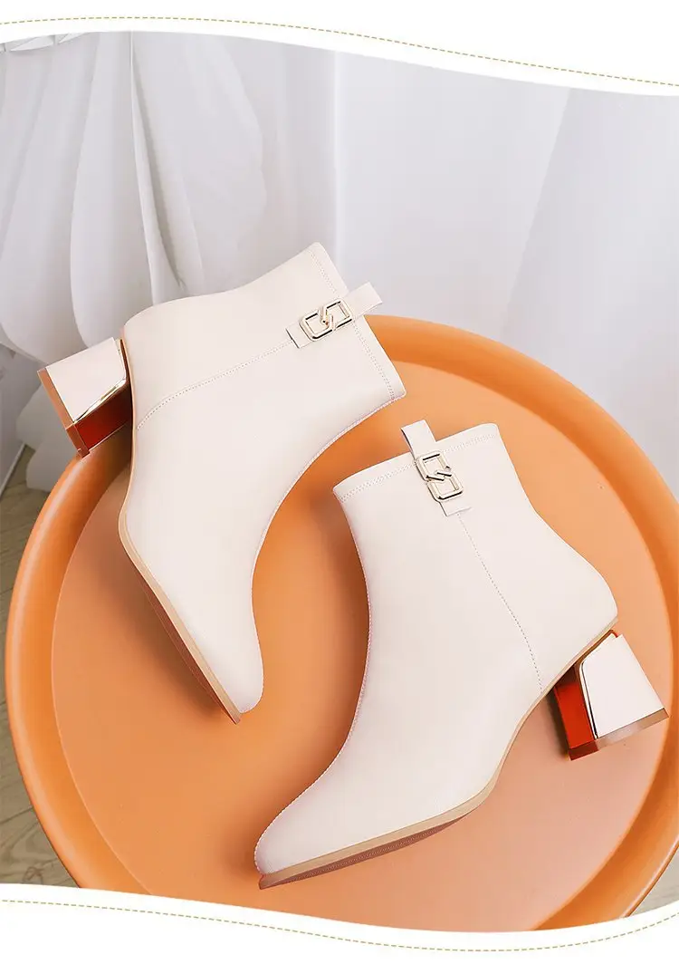 Women's White Leather Ankle Boots with High Heel Zipper Closure — feature 10