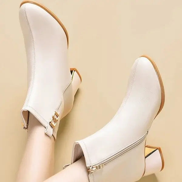 Women's White Leather Ankle Boots with High Heel Zipper Closure — feature 11