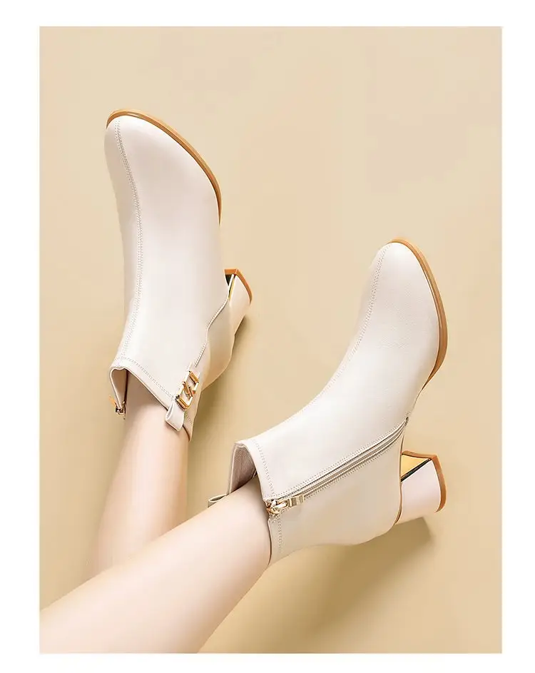 Women's White Leather Ankle Boots with High Heel Zipper Closure — feature 8