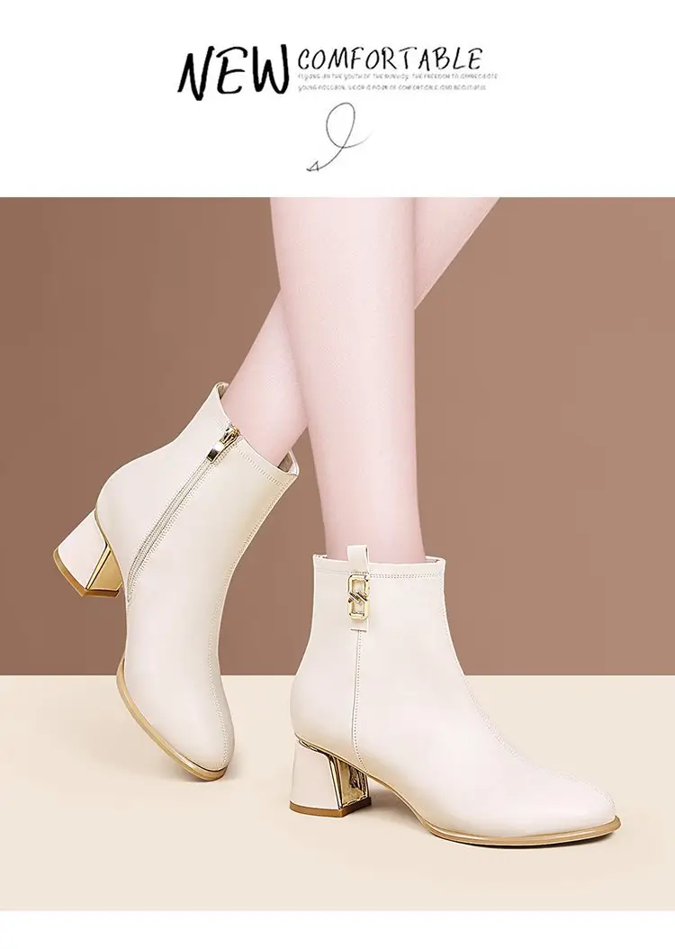 Women's White Leather Ankle Boots with High Heel Zipper Closure — feature 9