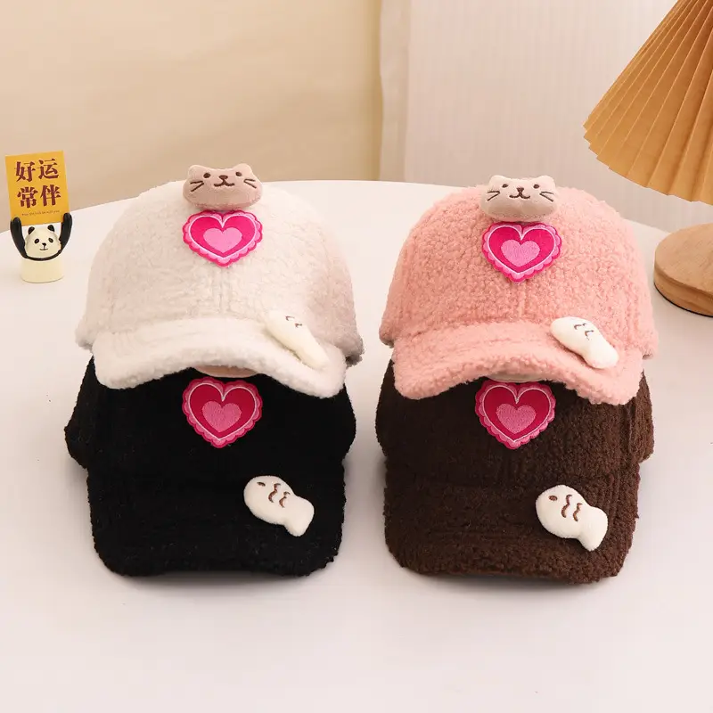 Children's Warm Cat Heart Cap Black Pink