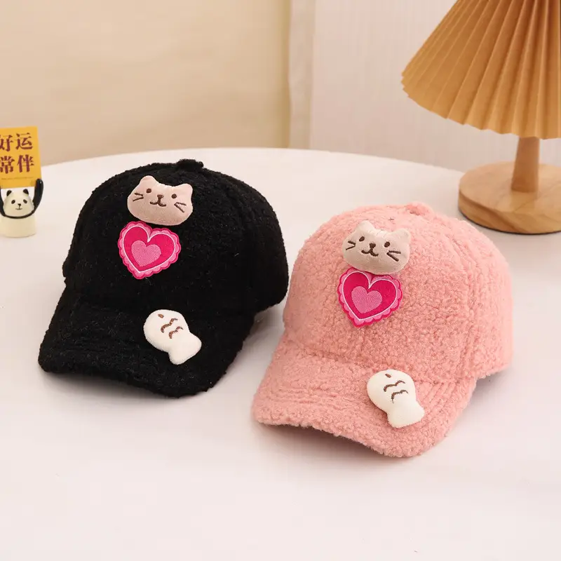 Children's Warm Cat Heart Cap Black Pink