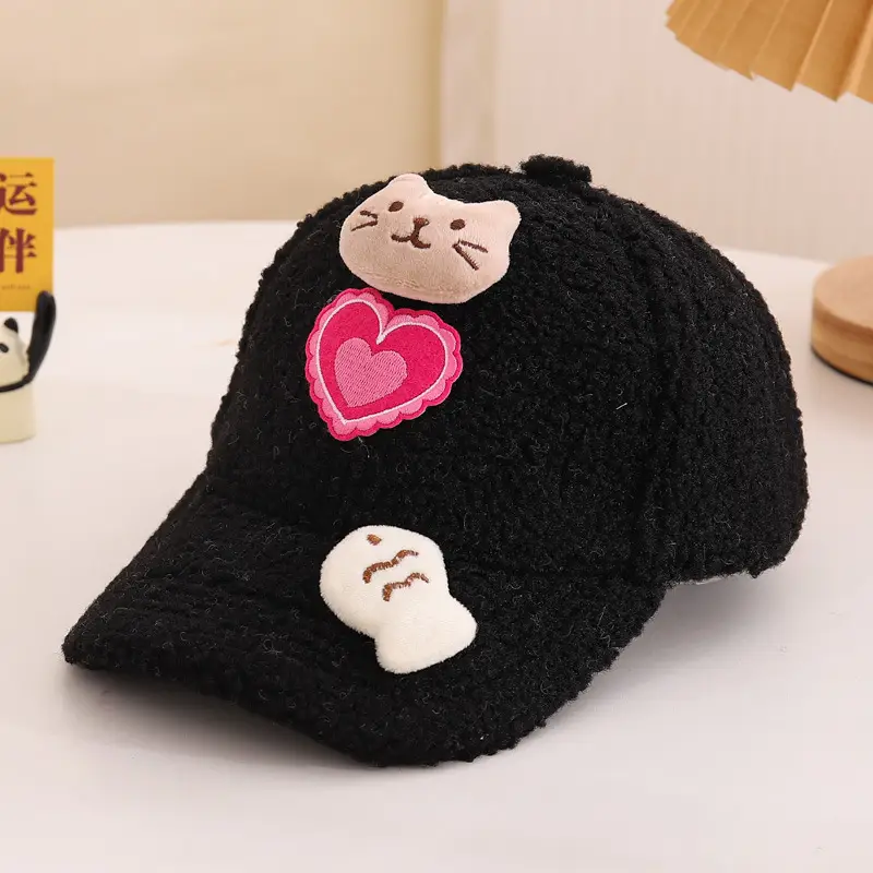 Children's Warm Cat Heart Cap Black Pink