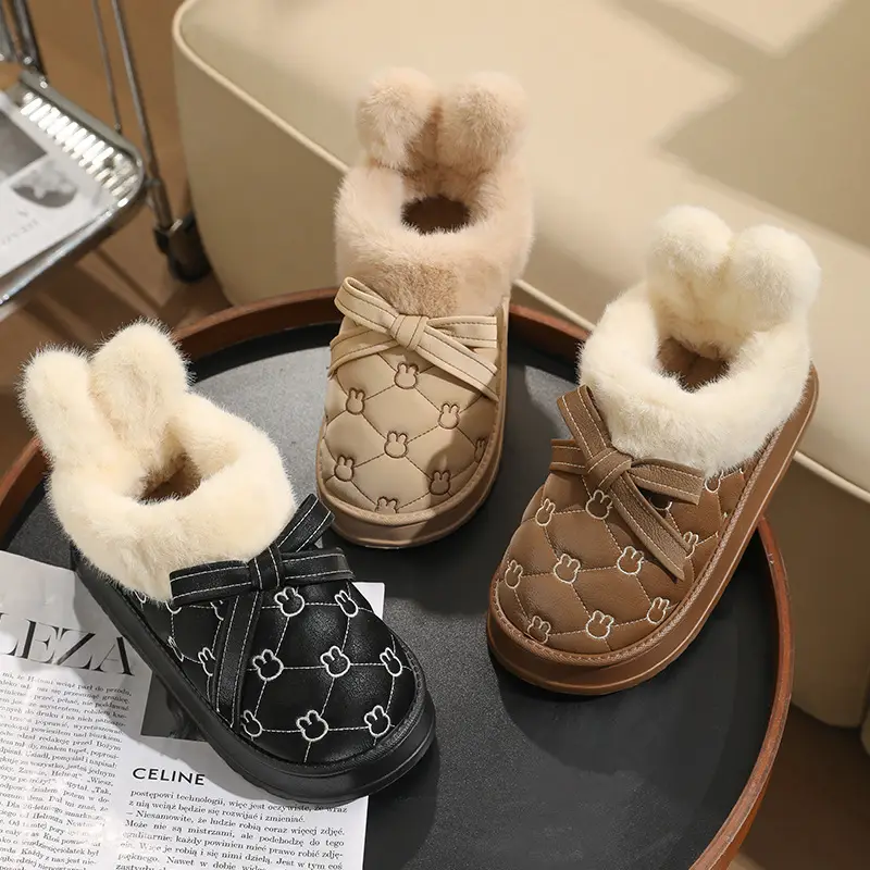 Women's Fleece Lined Rabbit Ear Slippers Brown Winter - Image 5