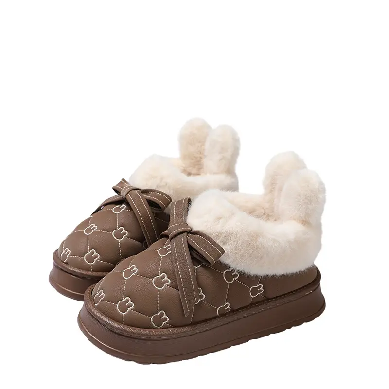 Women's Fleece Lined Rabbit Ear Slippers Brown Winter - Image 8