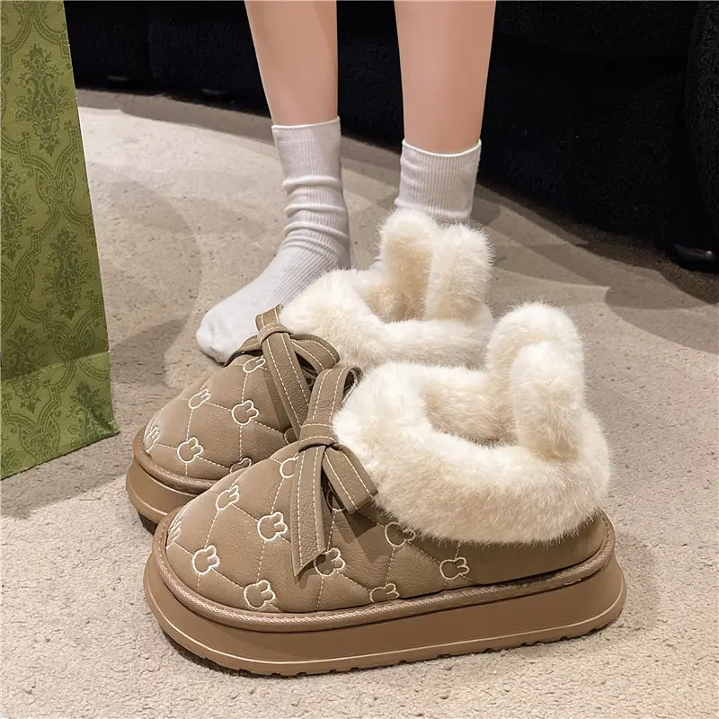 Women's Fleece Lined Rabbit Ear Slippers Brown Winter - Image 2