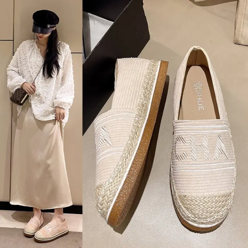 Women Embroidered Letter Shallow Slip-On Shoes Summer Canvas Wedge Heel