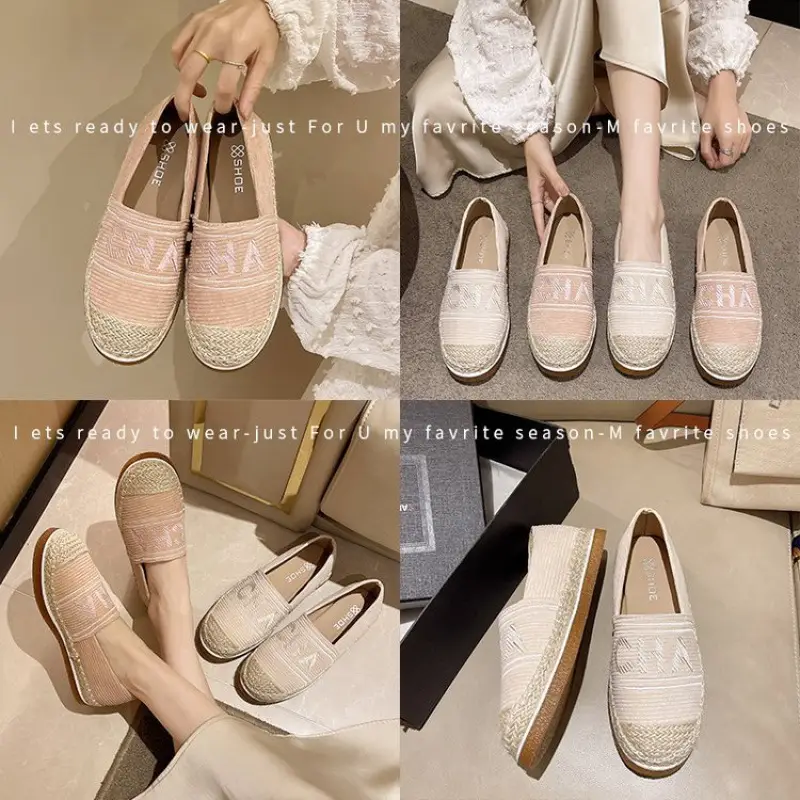 Women Embroidered Letter Shallow Slip-On Shoes Summer Canvas Wedge Heel