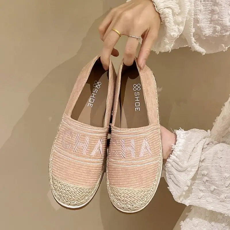 Women Embroidered Letter Shallow Slip-On Shoes Summer Canvas Wedge Heel