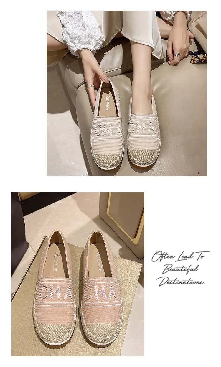 Women Embroidered Letter Shallow Slip-On Shoes Summer Canvas Wedge Heel — feature 6