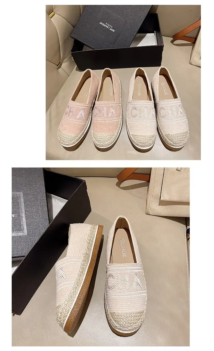 Women Embroidered Letter Shallow Slip-On Shoes Summer Canvas Wedge Heel — feature 9