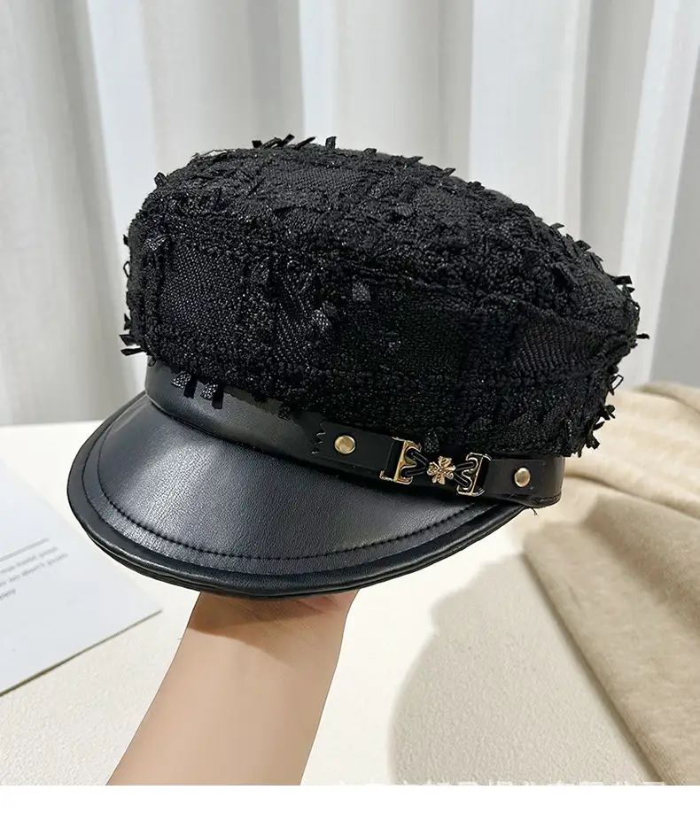 Korean Style Black Chiffon Cap Women Flat Top Casual Face Duckling Tongue Beret — feature 25
