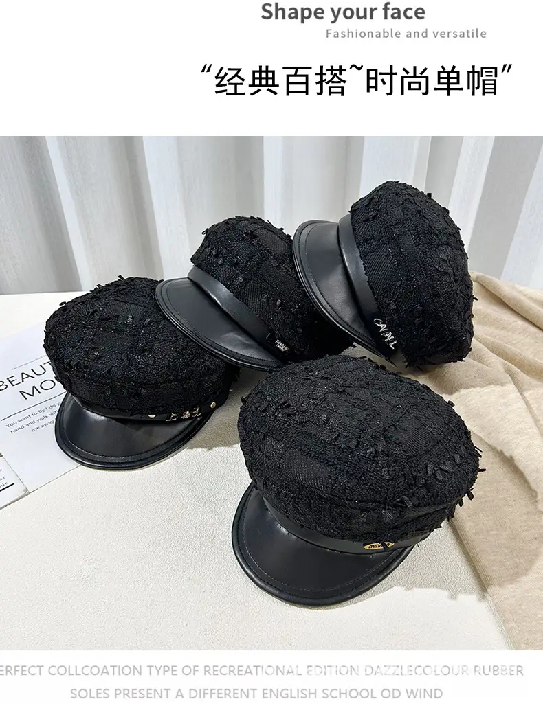 Korean Style Black Chiffon Cap Women Flat Top Casual Face Duckling Tongue Beret — feature 28