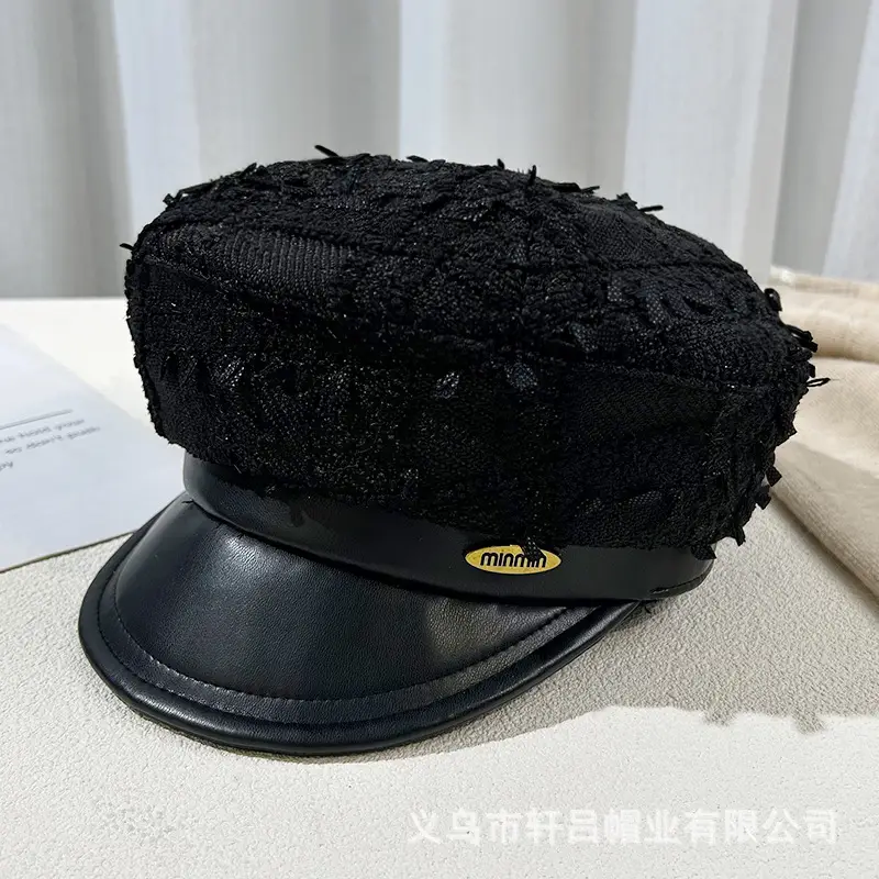 Korean Style Black Chiffon Cap Women Flat Top Casual Face Duckling Tongue Beret - Image 3