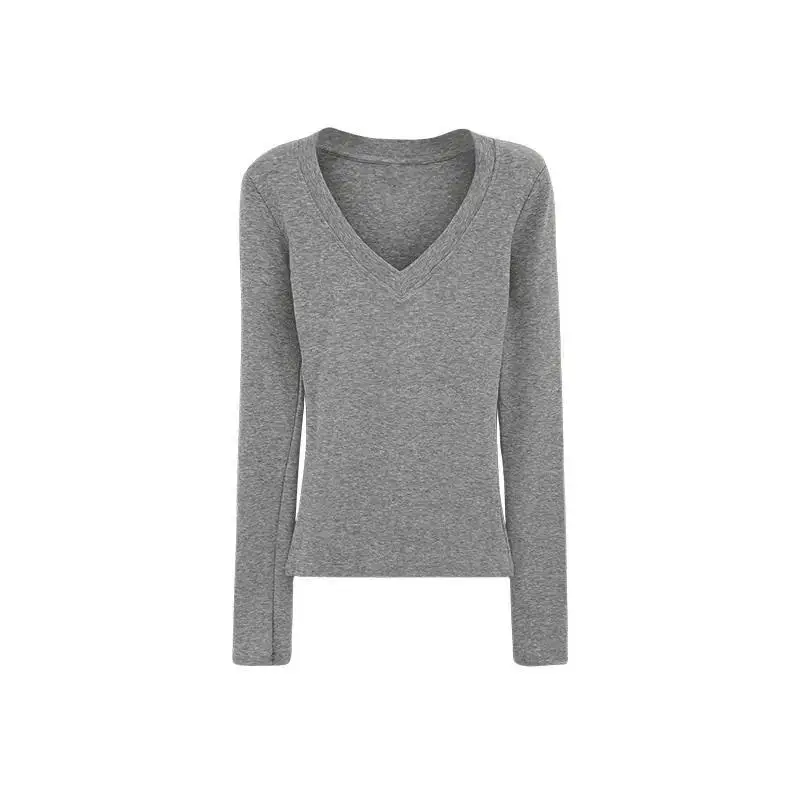 Sweet and Hot Early Autumn Threaded V-neck Slim-fit Slimming Inner T-shirt Women's 2024 New All-match Elegant Design Top