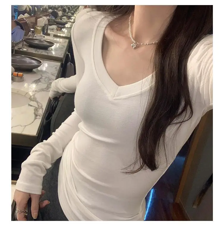 Sweet and Hot Early Autumn Threaded V-neck Slim-fit Slimming Inner T-shirt Women's 2024 New All-match Elegant Design Top — feature 10