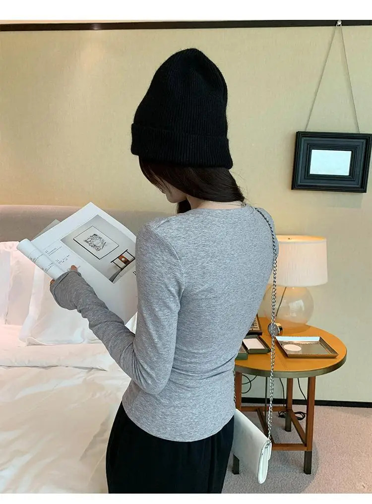 Sweet and Hot Early Autumn Threaded V-neck Slim-fit Slimming Inner T-shirt Women's 2024 New All-match Elegant Design Top — feature 18