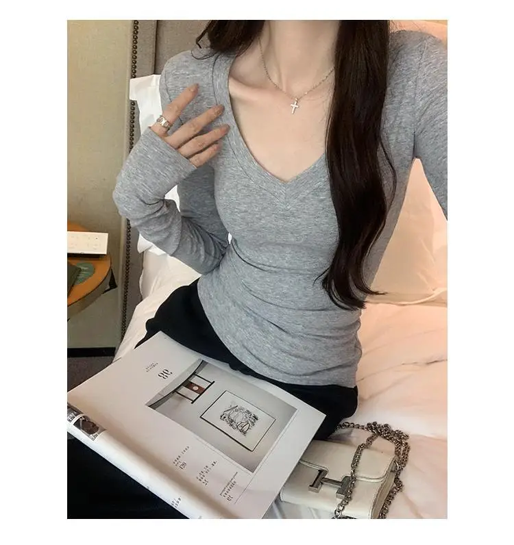 Sweet and Hot Early Autumn Threaded V-neck Slim-fit Slimming Inner T-shirt Women's 2024 New All-match Elegant Design Top — feature 19