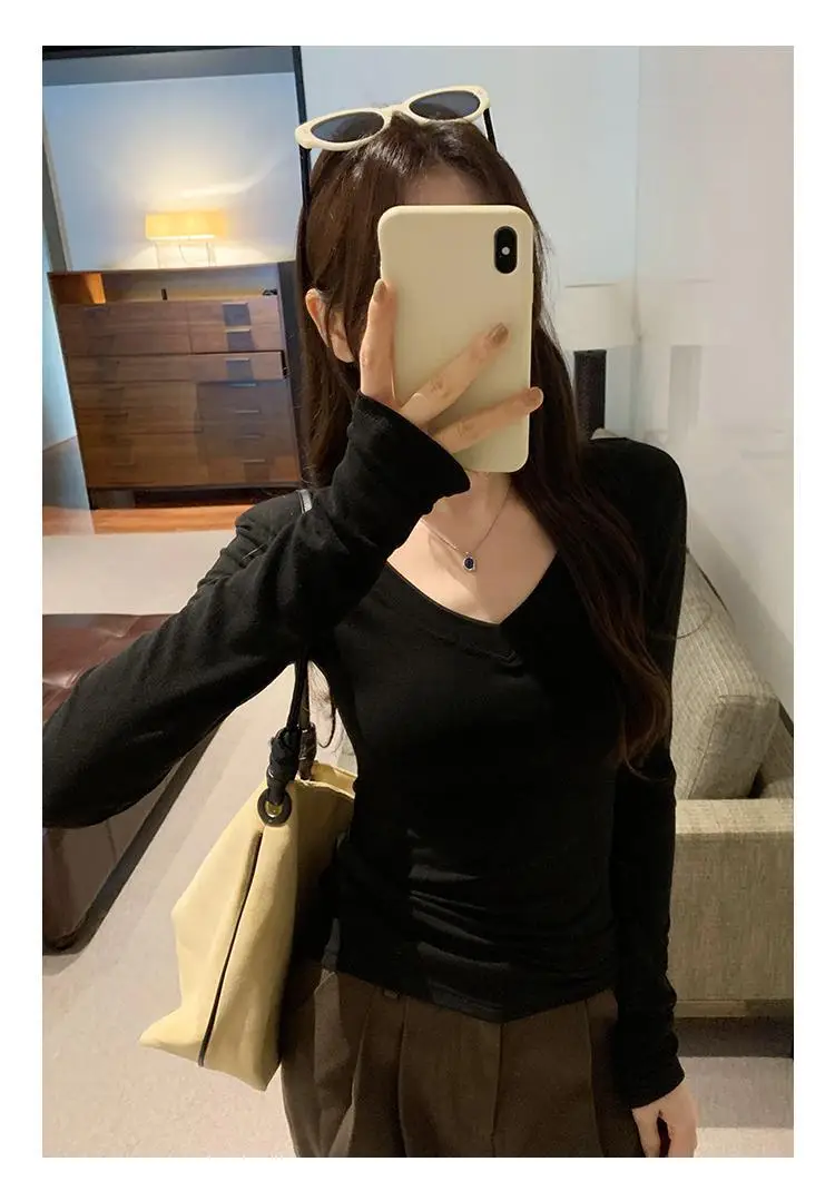 Sweet and Hot Early Autumn Threaded V-neck Slim-fit Slimming Inner T-shirt Women's 2024 New All-match Elegant Design Top — feature 20
