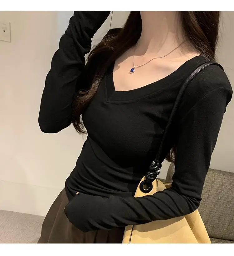 Sweet and Hot Early Autumn Threaded V-neck Slim-fit Slimming Inner T-shirt Women's 2024 New All-match Elegant Design Top — feature 21