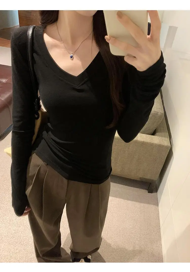 Sweet and Hot Early Autumn Threaded V-neck Slim-fit Slimming Inner T-shirt Women's 2024 New All-match Elegant Design Top — feature 22