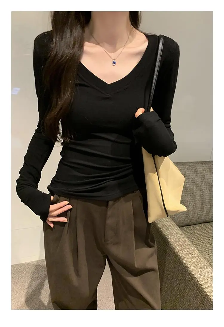 Sweet and Hot Early Autumn Threaded V-neck Slim-fit Slimming Inner T-shirt Women's 2024 New All-match Elegant Design Top — feature 23