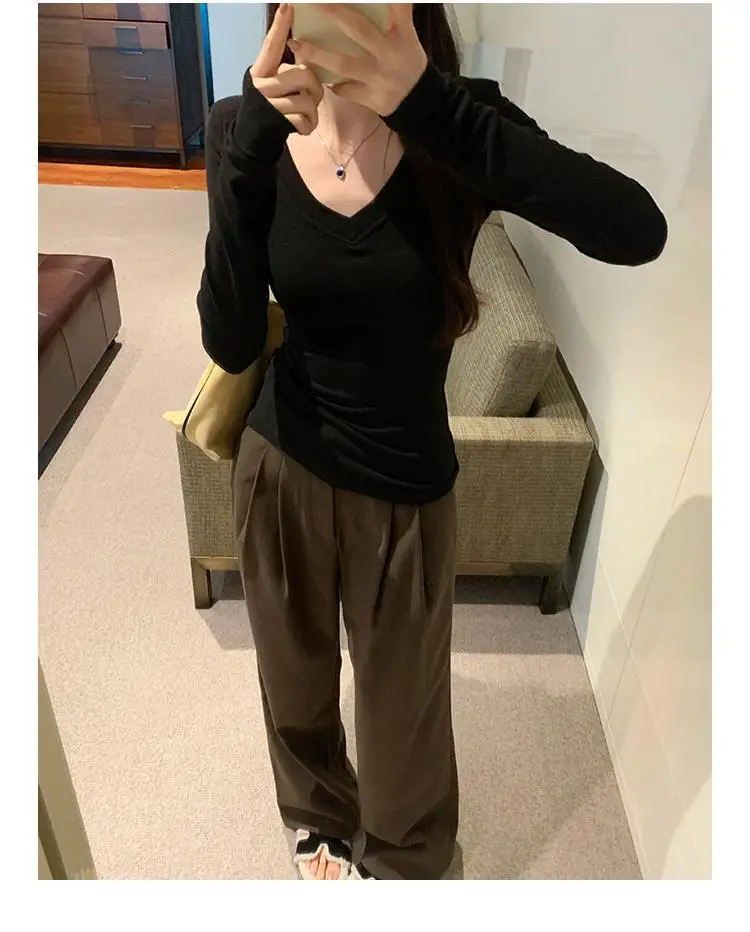 Sweet and Hot Early Autumn Threaded V-neck Slim-fit Slimming Inner T-shirt Women's 2024 New All-match Elegant Design Top — feature 24