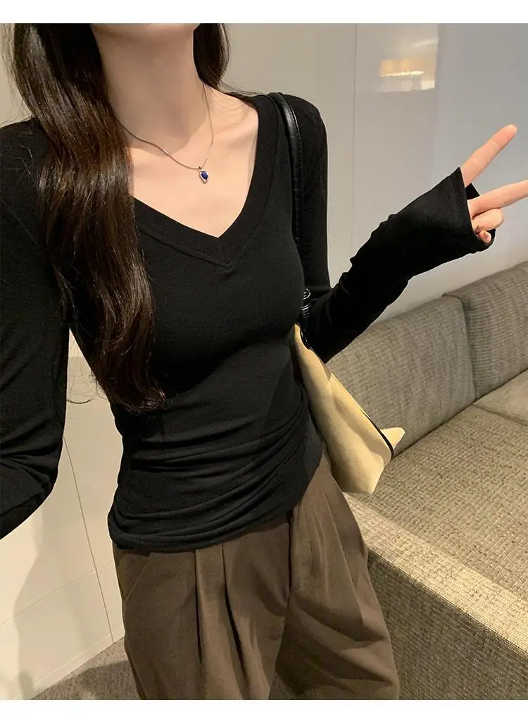 Sweet and Hot Early Autumn Threaded V-neck Slim-fit Slimming Inner T-shirt Women's 2024 New All-match Elegant Design Top — feature 25