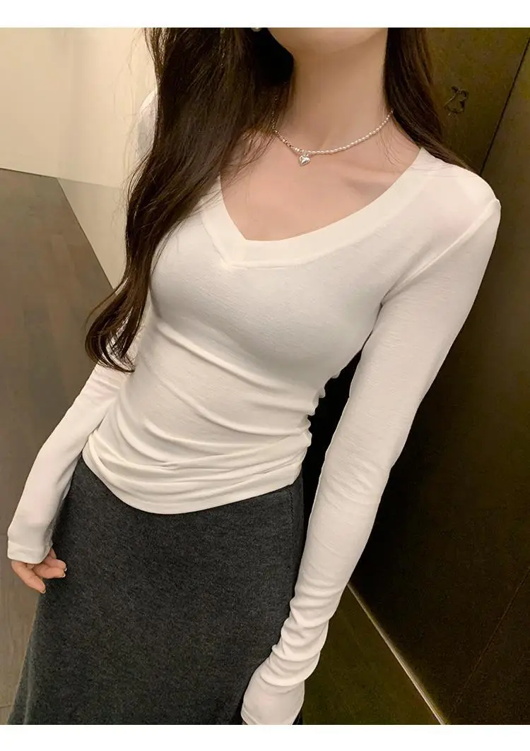 Sweet and Hot Early Autumn Threaded V-neck Slim-fit Slimming Inner T-shirt Women's 2024 New All-match Elegant Design Top — feature 8