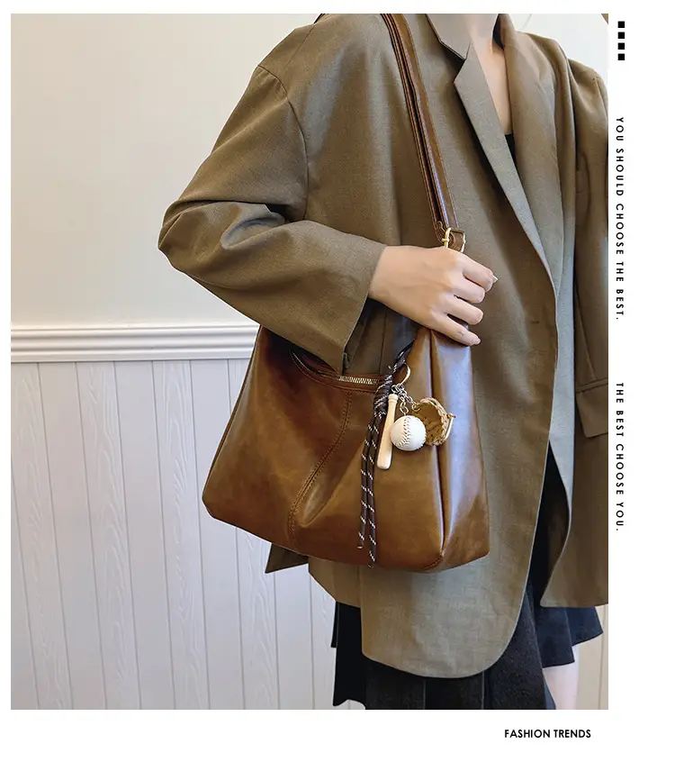 Large Capacity Brown Leather Shoulder Bag for Women — feature 2