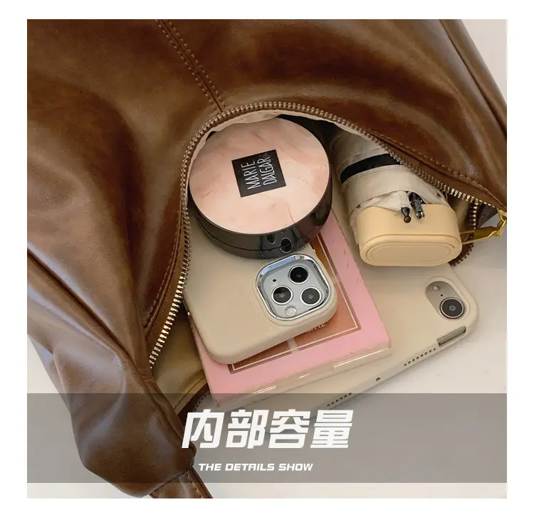 Large Capacity Brown Leather Shoulder Bag for Women — feature 8