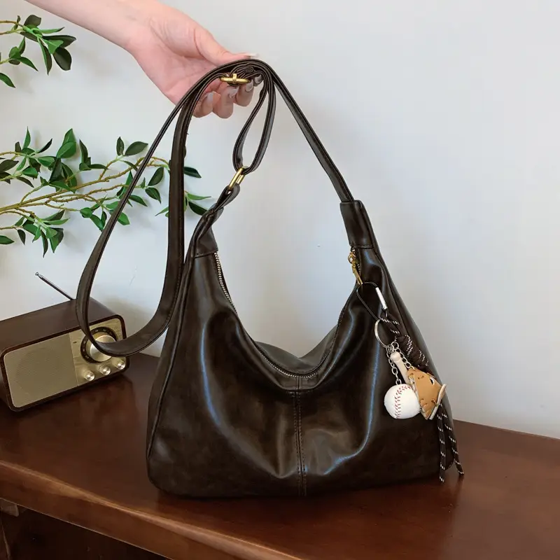 Large Capacity Brown Leather Shoulder Bag for Women - Image 2