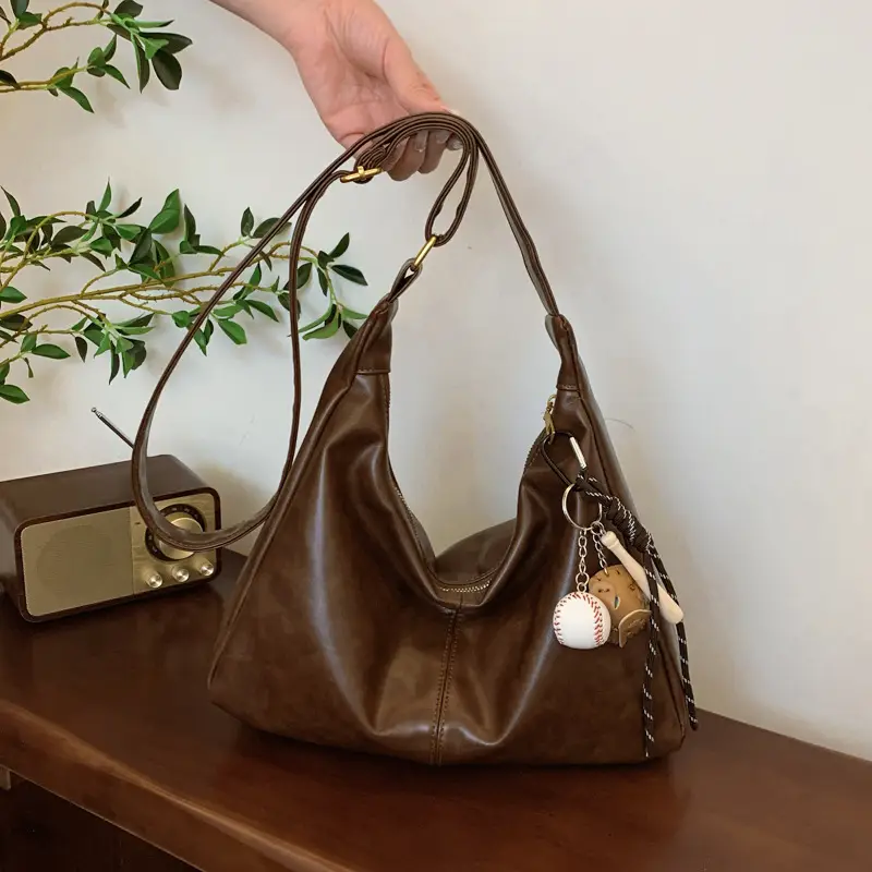 Large Capacity Brown Leather Shoulder Bag for Women - Image 3