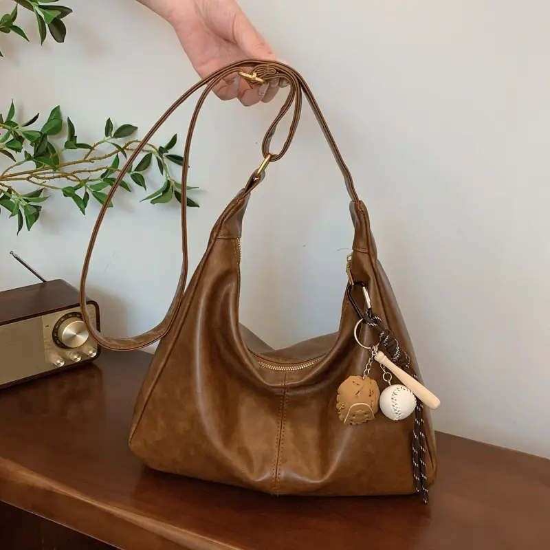 Large Capacity Brown Leather Shoulder Bag for Women - Image 4