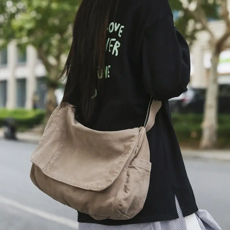 Washed Canvas Crossbody Bag Men Japanese Style Large Capacity - Image 7