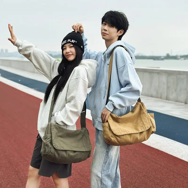 Washed Canvas Crossbody Bag Men Japanese Style Large Capacity - Image 8