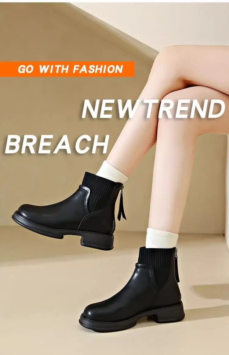 Thick-soled socks boots women's 2024 autumn and winter new British style nude boots rear zipper short boots thin boots soft leather martin boots — feature 1