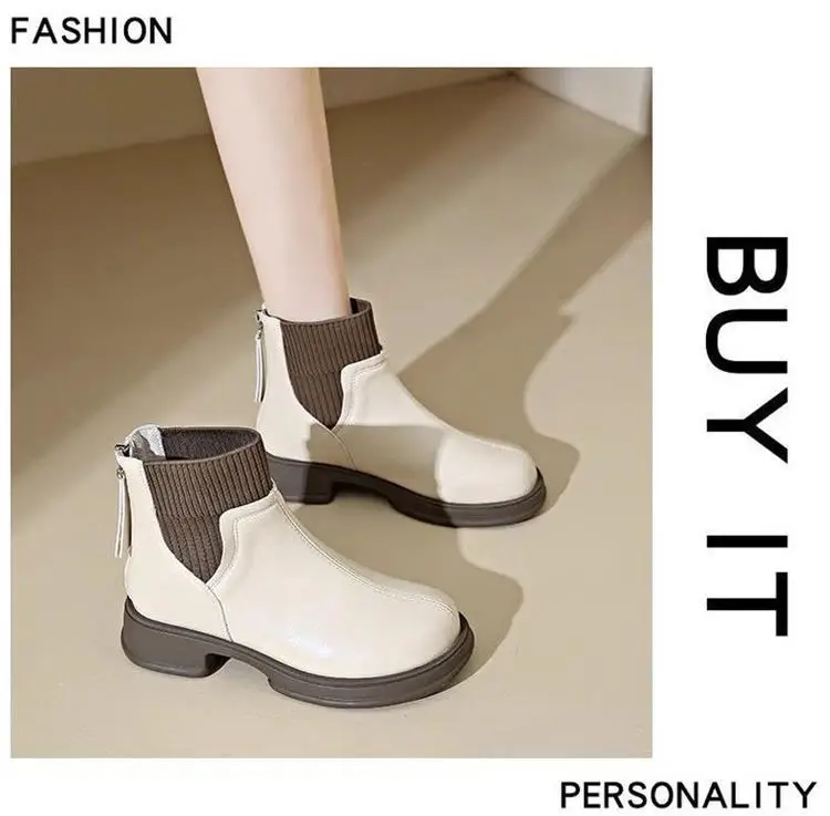 Thick-soled socks boots women's 2024 autumn and winter new British style nude boots rear zipper short boots thin boots soft leather martin boots — feature 13