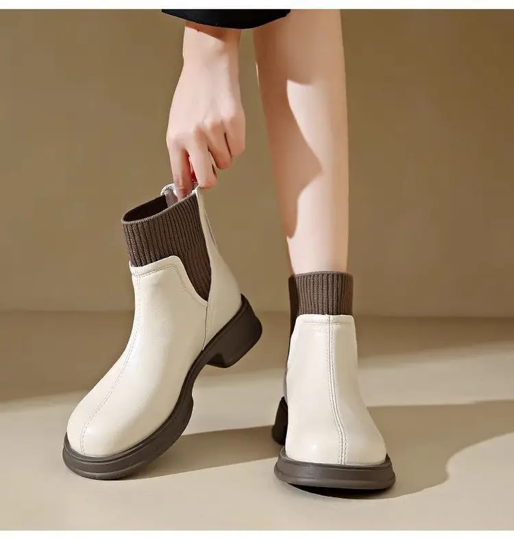 Thick-soled socks boots women's 2024 autumn and winter new British style nude boots rear zipper short boots thin boots soft leather martin boots — feature 14