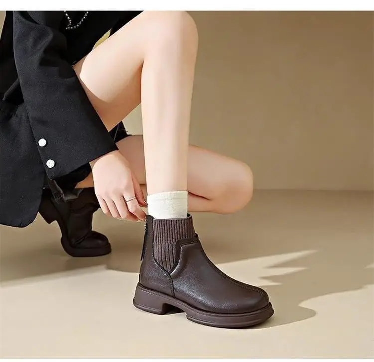 Thick-soled socks boots women's 2024 autumn and winter new British style nude boots rear zipper short boots thin boots soft leather martin boots — feature 15