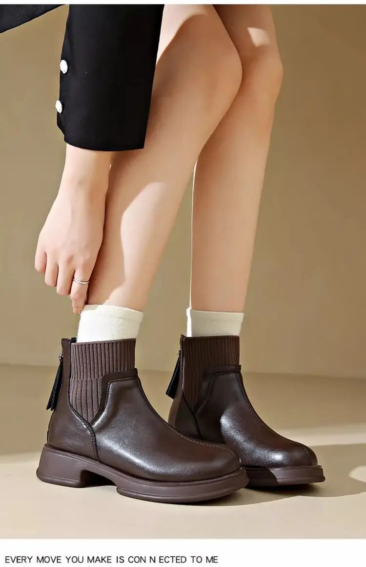 Thick-soled socks boots women's 2024 autumn and winter new British style nude boots rear zipper short boots thin boots soft leather martin boots — feature 16