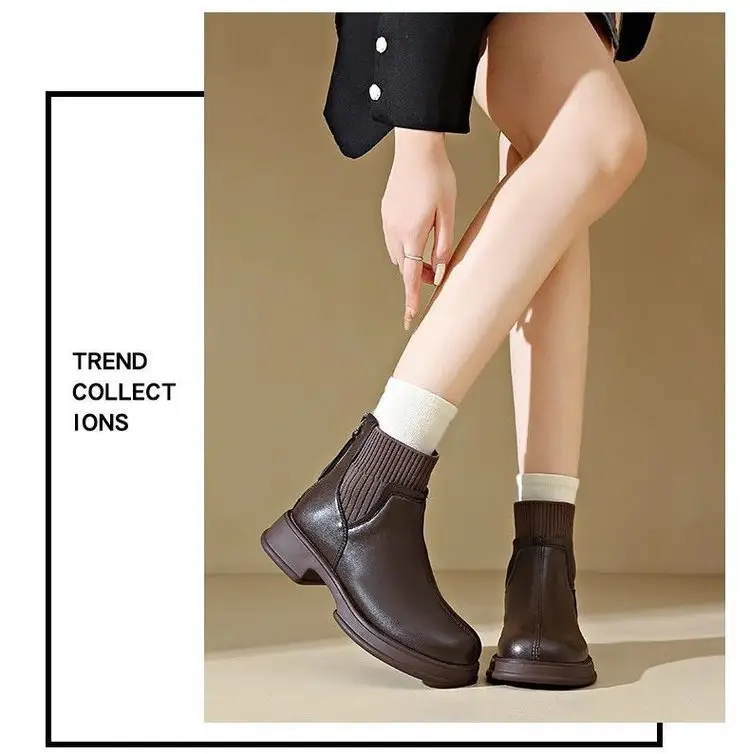 Thick-soled socks boots women's 2024 autumn and winter new British style nude boots rear zipper short boots thin boots soft leather martin boots — feature 17