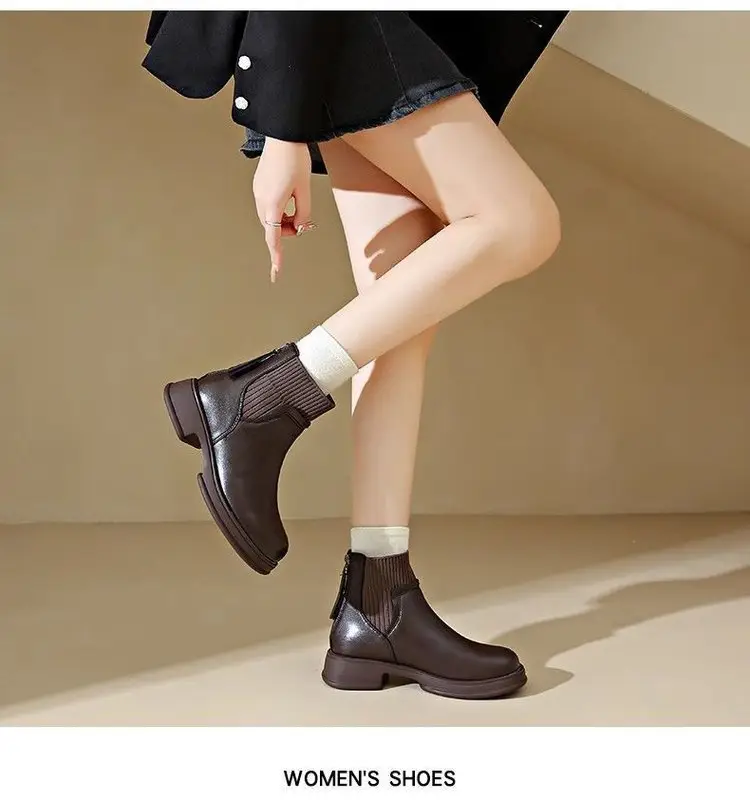 Thick-soled socks boots women's 2024 autumn and winter new British style nude boots rear zipper short boots thin boots soft leather martin boots — feature 18