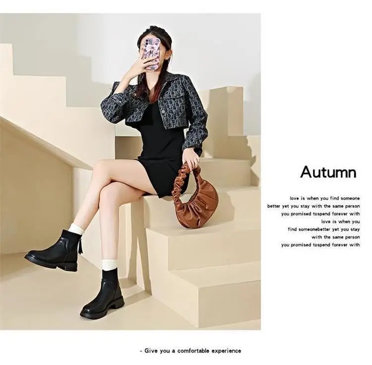 Thick-soled socks boots women's 2024 autumn and winter new British style nude boots rear zipper short boots thin boots soft leather martin boots — feature 7