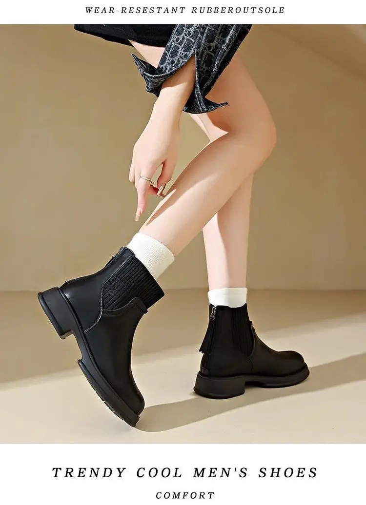 Thick-soled socks boots women's 2024 autumn and winter new British style nude boots rear zipper short boots thin boots soft leather martin boots — feature 8