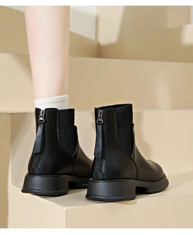 Thick-soled socks boots women's 2024 autumn and winter new British style nude boots rear zipper short boots thin boots soft leather martin boots — feature 9