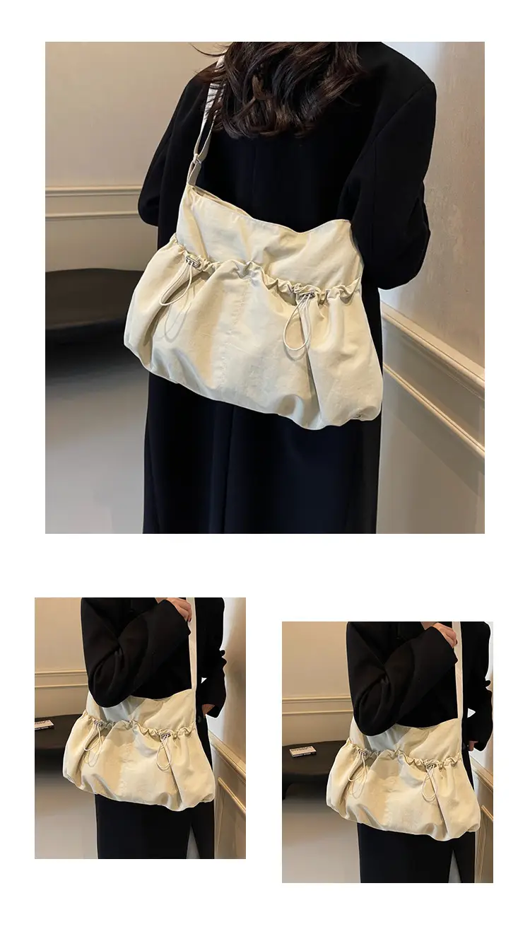 Women's Large Capacity Zip Pleated Shoulder Bag Black — feature 11