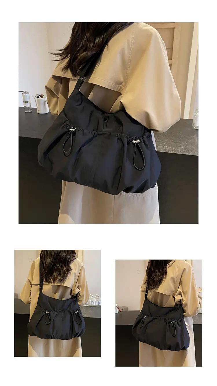 Women's Large Capacity Zip Pleated Shoulder Bag Black — feature 13